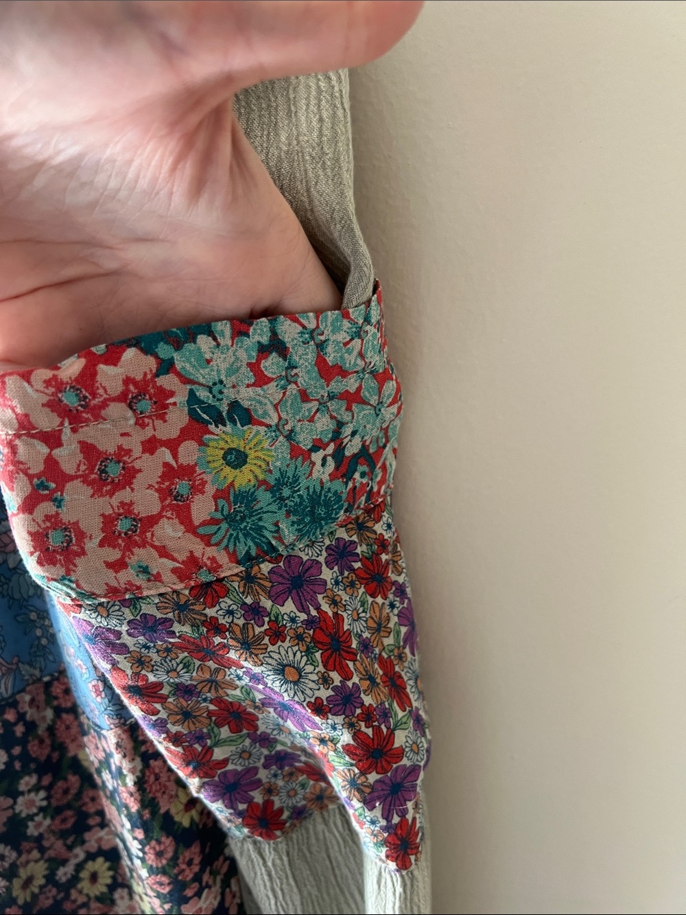 Patchwork Floral Flowy Pants in Olive, Blue & Cream - Picture 4 of 7